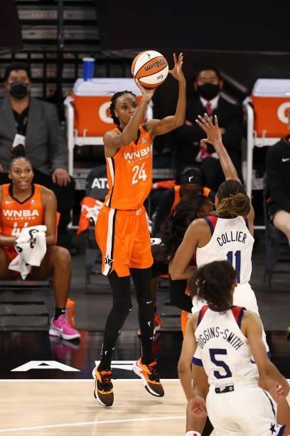 DeWanna Bonner shoots a 3-pointer against the USA Basketball Womens National Team during the AT&T WNBA All-Star Game 2021 on July 14, 2021 at...