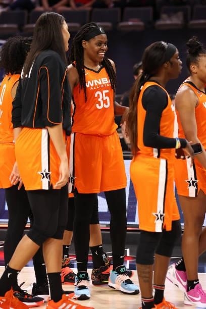 Jonquel Jones of Team WNBA smiles after the AT&T WNBA All-Star Game 2021 on July 14, 2021 at Michelob ULTRA Arena in Las Vegas, Nevada. NOTE TO USER:...