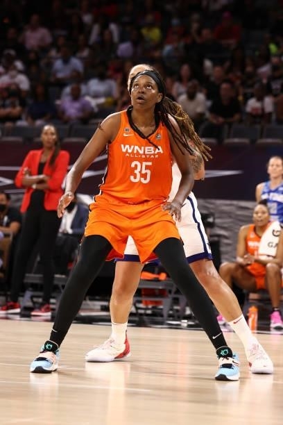 Jonquel Jones of Team WNBA plays defense against the USA Basketball Womens National Team during the AT&T WNBA All-Star Game 2021 on July 14, 2021 at...