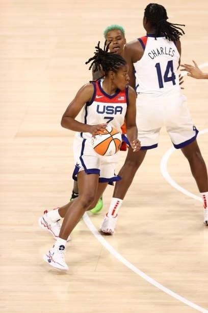 Ariel Atkins of the USA Basketball Womens National Team handles the ball against Team WNBA during the AT&T WNBA All-Star Game 2021 on July 14, 2021...