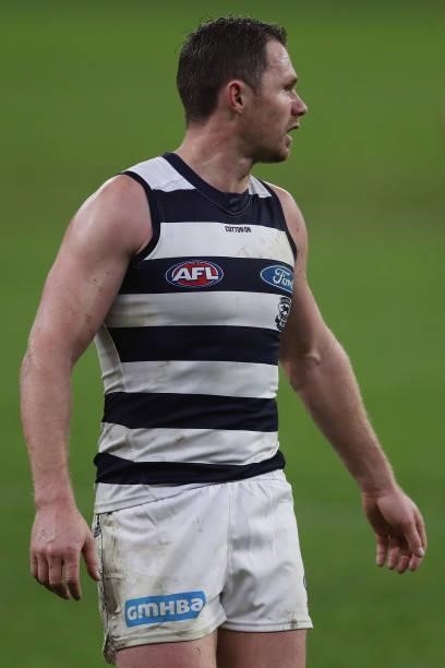 Patrick Dangerfield of the Cats looks on during the 2021 AFL Round 18 match between the Fremantle Dockers and the Geelong Cats at Optus Stadium on...