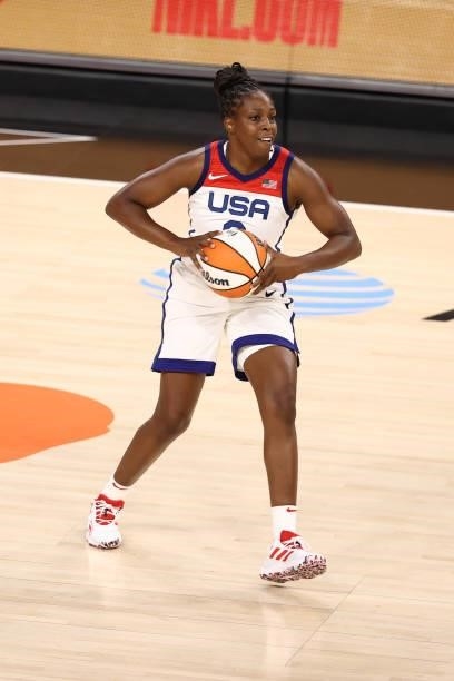 Chelsea Gray of the USA Basketball Womens National Team looks to pass the ball against Team WNBA during the AT&T WNBA All-Star Game 2021 on July 14,...