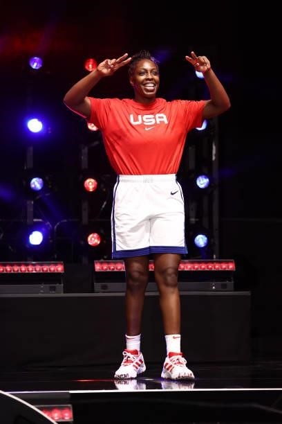 Chelsea Gray of the USA Basketball Womens National Team is introduced before the the AT&T WNBA All-Star Game 2021 on July 14, 2021 at Michelob ULTRA...
