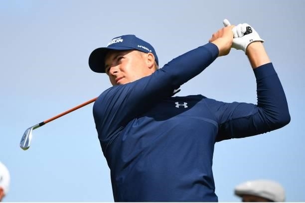 Golfer Jordan Spieth watches his iron shot from the 8th tee during his first round on day one of The 149th British Open Golf Championship at Royal St...