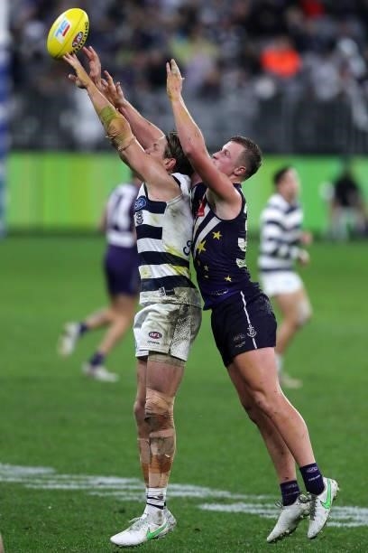 Rhys Stanley of the Cats contests a ruck with Josh Treacy of the Dockers during the 2021 AFL Round 18 match between the Fremantle Dockers and the...