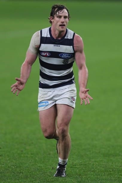 Jed Bews of the Cats calls for the ball during the 2021 AFL Round 18 match between the Fremantle Dockers and the Geelong Cats at Optus Stadium on...