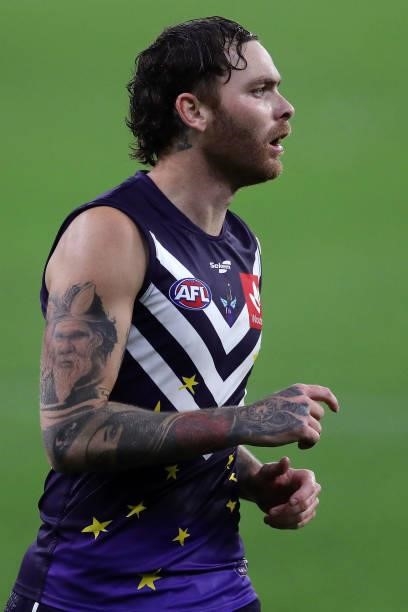 Nathan Wilson of the Dockers looks on during the 2021 AFL Round 18 match between the Fremantle Dockers and the Geelong Cats at Optus Stadium on July...