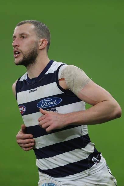Sam Menegola of the Cats looks on during the 2021 AFL Round 18 match between the Fremantle Dockers and the Geelong Cats at Optus Stadium on July 15,...
