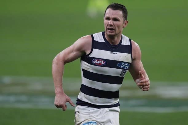 Patrick Dangerfield of the Cats looks on during the 2021 AFL Round 18 match between the Fremantle Dockers and the Geelong Cats at Optus Stadium on...