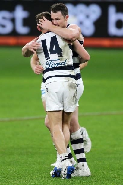 Patrick Dangerfield of the Cats celebrates after scoring a goal during the 2021 AFL Round 18 match between the Fremantle Dockers and the Geelong Cats...