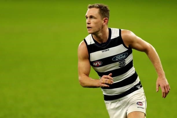Joel Selwood of the Cats looks on during the 2021 AFL Round 18 match between the Fremantle Dockers and the Geelong Cats at Optus Stadium on July 15,...