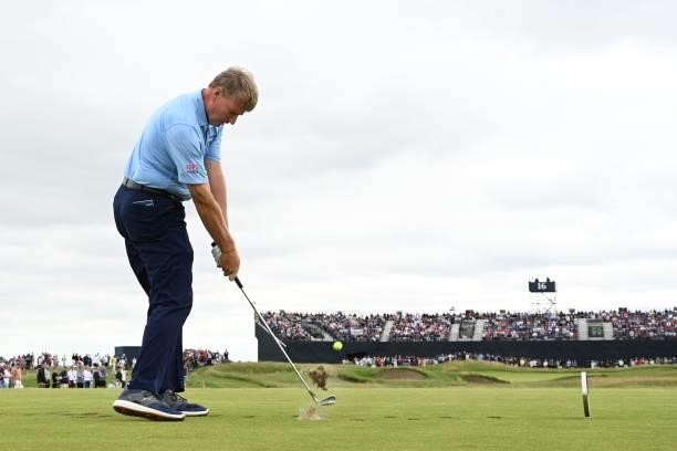 South Africa's Ernie Els plays from the 16th tee during his first round on day one of The 149th British Open Golf Championship at Royal St George's,...