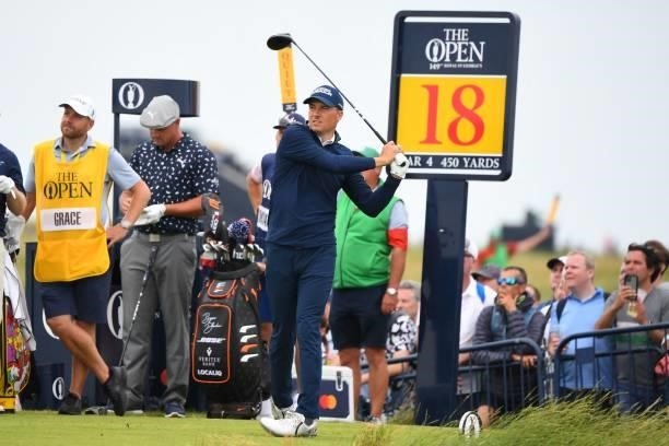 Golfer Jordan Spieth watches his drive from the 18th tee during his first round on day one of The 149th British Open Golf Championship at Royal St...
