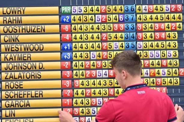 Manual scoreboard is maintained beside the 18th green on the opening day of The 149th British Open Golf Championship at Royal St George's, Sandwich...