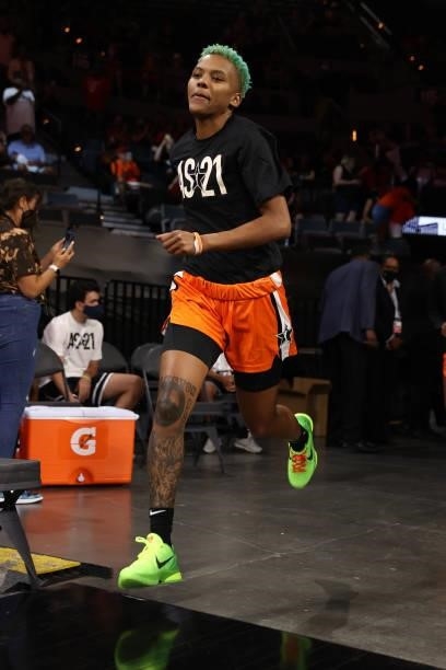 Courtney Williams of Team WNBA runs onto the court before the AT&T WNBA All-Star Game 2021 on July 14, 2021 at Michelob ULTRA Arena in Las Vegas,...