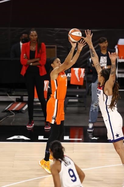 Candace Parker of Team WNBA shoots a 3-pointer against the USA Basketball Womens National Team during the AT&T WNBA All-Star Game 2021 on July 14,...