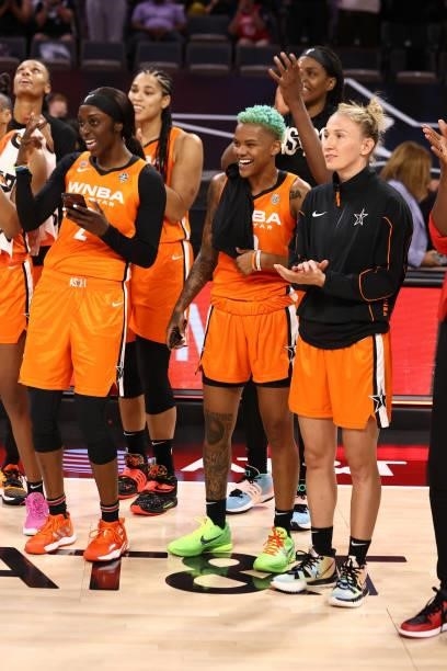 Kahleah Copper, Courtney Williams and Courtney Vandersloot of Team WNBA cheer after the AT&T WNBA All-Star Game 2021 on July 14, 2021 at Michelob...
