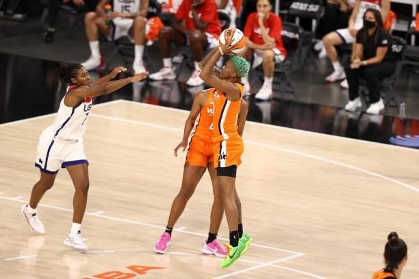 Courtney Williams of Team WNBA shoots the ball against the USA Basketball Womens National Team during the AT&T WNBA All-Star Game 2021 on July 14,...