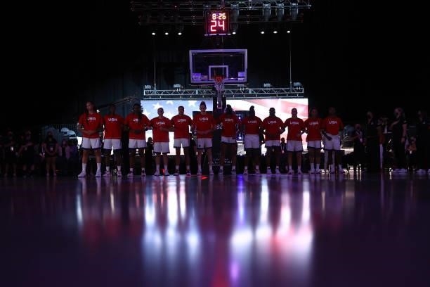 The the USA Basketball Womens National Team stands for the National Anthem before the AT&T WNBA All-Star Game 2021 on July 14, 2021 at Michelob ULTRA...