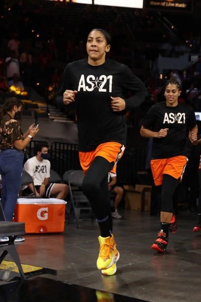 Candace Parker of Team WNBA runs onto the court before the AT&T WNBA All-Star Game 2021 on July 14, 2021 at Michelob ULTRA Arena in Las Vegas,...