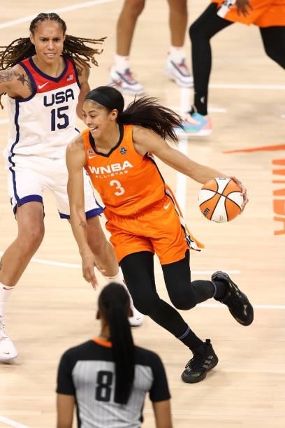 Candace Parker of Team WNBA handles the ball against the USA Basketball Womens National Team during the AT&T WNBA All-Star Game 2021 on July 14, 2021...