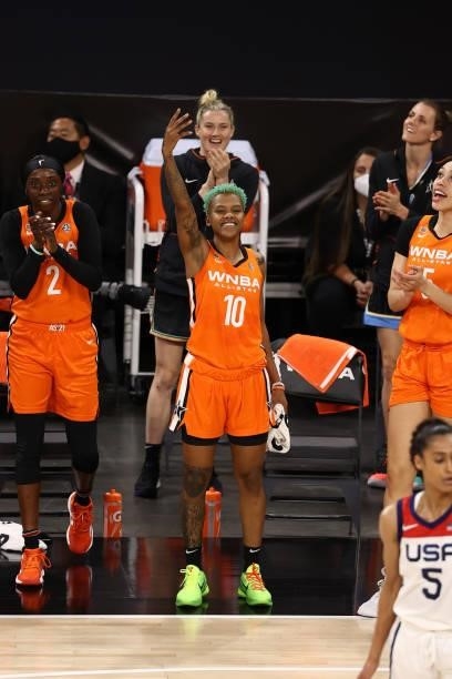 Courtney Williams of Team WNBA reacts to a play against the USA Basketball Womens National Team during the AT&T WNBA All-Star Game 2021 on July 14,...