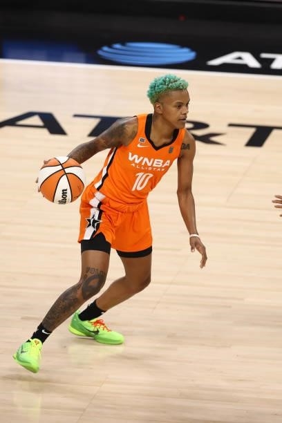 Courtney Williams of Team WNBA handles the ball against the USA Basketball Womens National Team during the AT&T WNBA All-Star Game 2021 on July 14,...