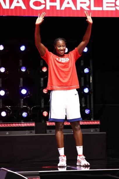 Tina Charles of the USA Basketball Womens National Team is introduced before the AT&T WNBA All-Star Game 2021 on July 14, 2021 at Michelob ULTRA...