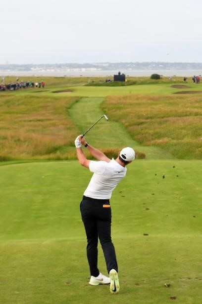 Northern Ireland's Rory McIlroy plays from the 11th tee during his first round on day one of The 149th British Open Golf Championship at Royal St...