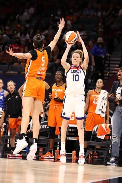 Breanna Stewart of the USA Basketball Womens National Team shoots a 3-pointer against Team WNBA during the AT&T WNBA All-Star Game 2021 on July 14,...