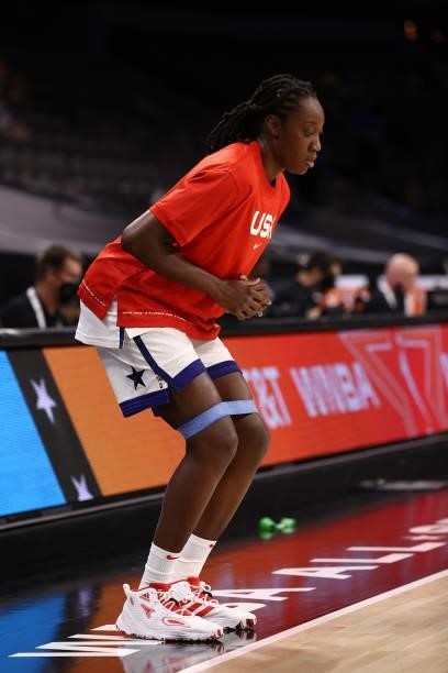 Tina Charles of the USA Basketball Womens National Team warms up before the AT&T WNBA All-Star Game 2021 on July 14, 2021 at Michelob ULTRA Arena in...