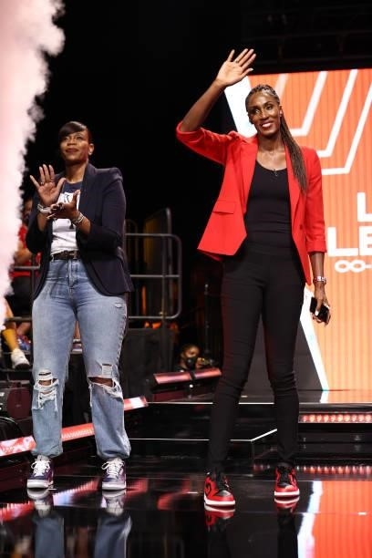 Co-Head Coaches, Tina Thompson and Lisa Leslie of Team WNBA are introduced before the AT&T WNBA All-Star Game 2021 on July 14, 2021 at Michelob ULTRA...