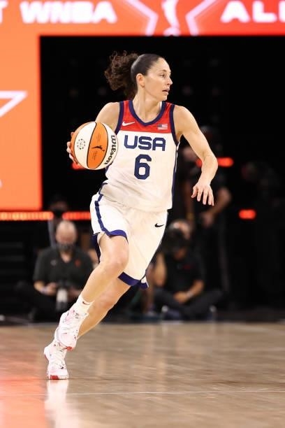 Sue Bird of the USA Basketball Womens National Team handles the ball against Team WNBA during the AT&T WNBA All-Star Game 2021 on July 14, 2021 at...