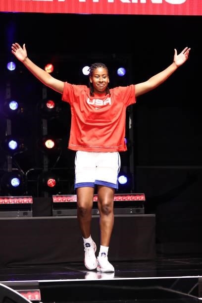 Ariel Atkins of the USA Basketball Womens National Team is introduced before the AT&T WNBA All-Star Game 2021 on July 14, 2021 at Michelob ULTRA...