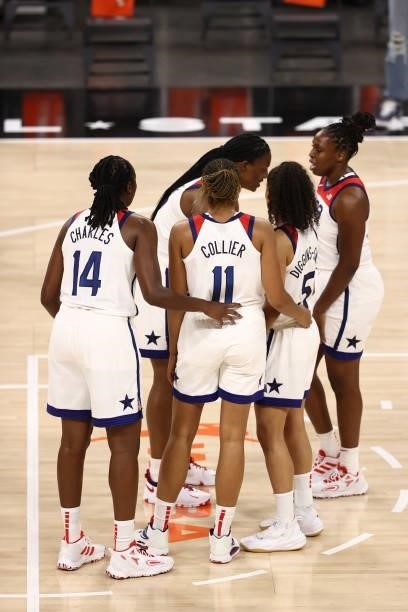 The USA Basketball Womens National Team huddles up during the game against Team WNBA during the AT&T WNBA All-Star Game 2021 on July 14, 2021 at...