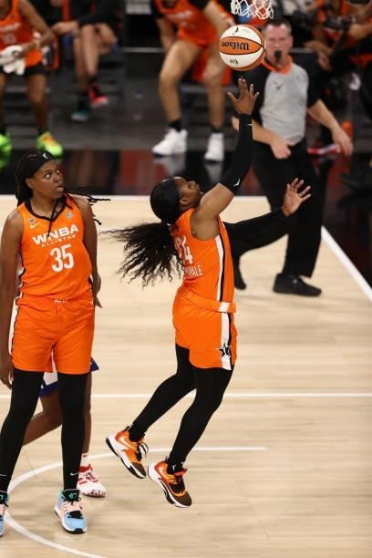 Arike Ogunbowale of Team WNBA shoots the ball against the USA Basketball Womens National Team during the AT&T WNBA All-Star Game 2021 on July 14,...