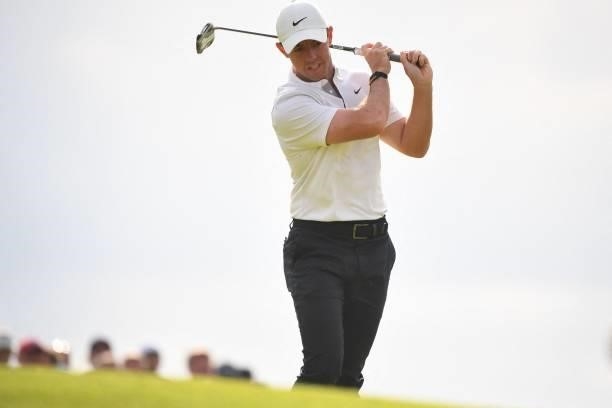 Northern Ireland's Rory McIlroy reacts to missing a putt on the 10th green during his first round on day one of The 149th British Open Golf...