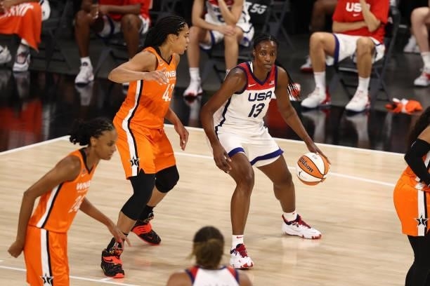 Sylvia Fowles of the USA Basketball Womens National Team handles the ball against Team WNBA during the AT&T WNBA All-Star Game 2021 on July 14, 2021...