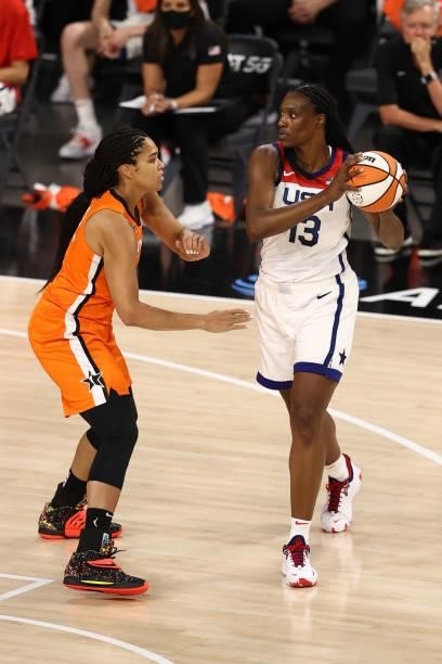 Sylvia Fowles of the USA Basketball Womens National Team handles the ball against Team WNBA during the AT&T WNBA All-Star Game 2021 on July 14, 2021...