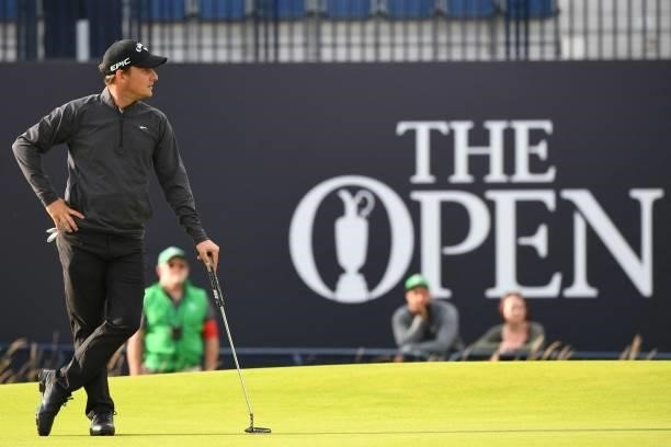 Argentina's Emiliano Grillo waits on the 18th green during his first round on day one of The 149th British Open Golf Championship at Royal St...