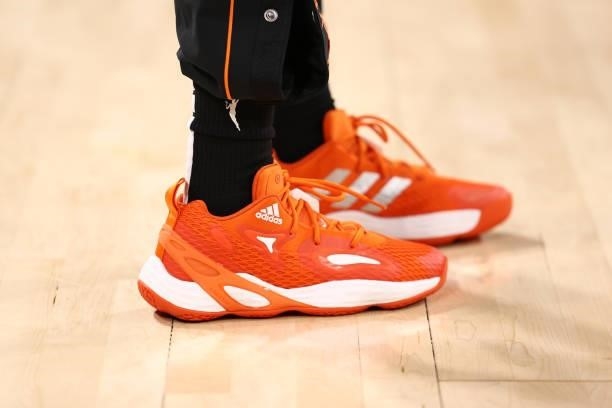 The sneakers worn by Kahleah Copper of Team WNBA during the AT&T WNBA All-Star Game 2021 on July 14, 2021 at Michelob ULTRA Arena in Las Vegas,...