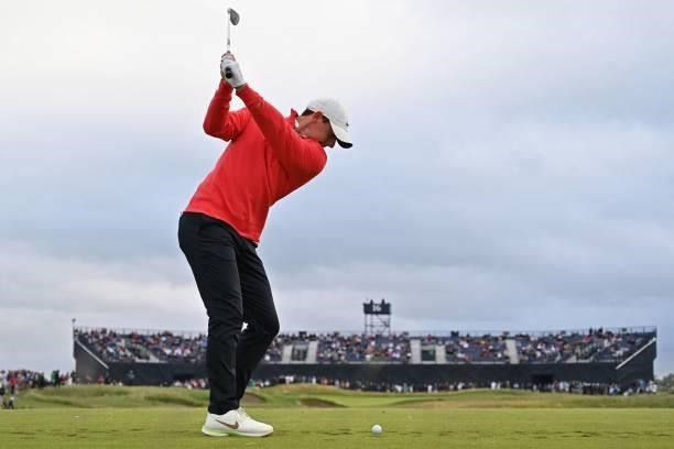 Northern Ireland's Rory McIlroy plays from the 16th tee during his first round on day one of The 149th British Open Golf Championship at Royal St...