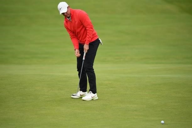 Northern Ireland's Rory McIlroy holes his birdie putt on the 18th green during his first round on day one of The 149th British Open Golf Championship...