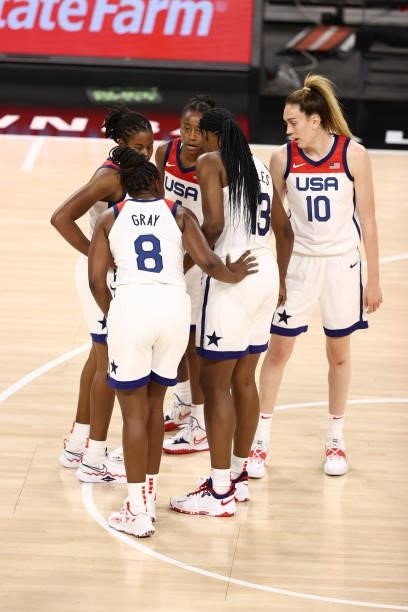 The USA Basketball Womens National Team huddles up during the game against Team WNBA during the AT&T WNBA All-Star Game 2021 on July 14, 2021 at...
