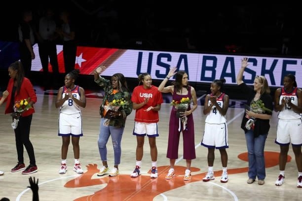 Members of the USA Women's National Team help honor the gold-medal-winning 1996 U.S. Olympic Women's Basketball Team during the AT&T WNBA All-Star...