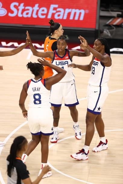 Jewell Loyd of the USA Basketball Womens National Team high fives her teammates during the game against Team WNBA during the AT&T WNBA All-Star Game...