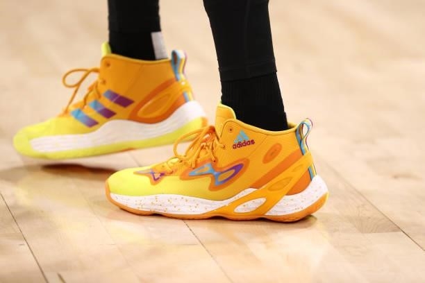 The sneakers worn by Candace Parker of Team WNBA during the AT&T WNBA All-Star Game 2021 on July 14, 2021 at Michelob ULTRA Arena in Las Vegas,...