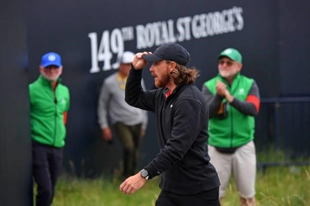 England's Tommy Fleetwood leaves the 18th green after his first round on day one of The 149th British Open Golf Championship at Royal St George's,...