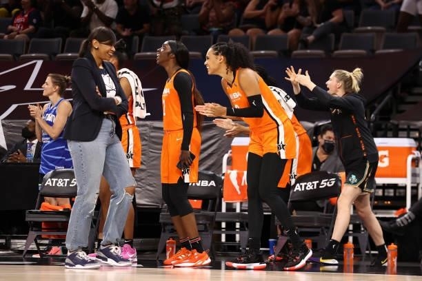 Kahleah Copper and Satou Sabally of Team WNBA react to a play against the USA Basketball Womens National Team during the AT&T WNBA All-Star Game 2021...