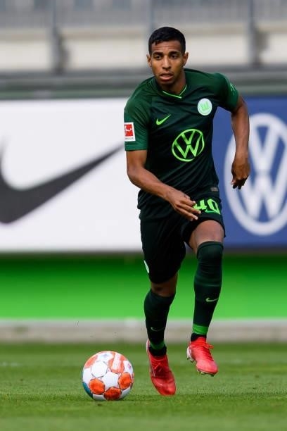 Joao Victor of VfL Wolfsburg controls the ball during the Pre-Season Match between VfL Wolfsburg and Holstein Kiel at AOK-Stadion on July 14, 2021 in...